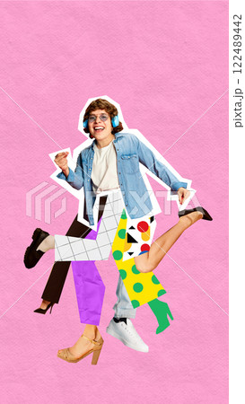 Surreal artwork. Man in denim jacket wearing blue headphones, with colorful, energetic legs, symbolizing creative leadership, flexibility. 122489442