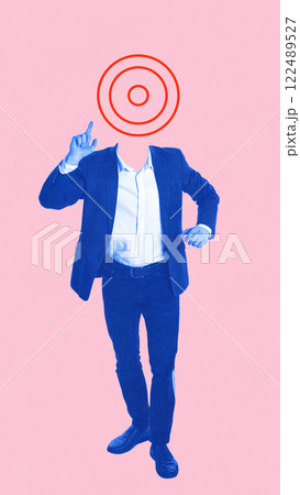 Modern artwork. Businessman in formal suit pointing upward with target symbol as head representing focus, strategy, and leadership. Modern artwork. Businessman in formal suit pointing upward with target symbol as head representing focus, strategy, and leadership. 122489527