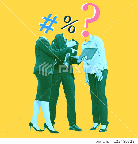 Modern artwork. Business professionals engaged in discussion with heads replaced by symbols representing data-driven collaboration. Modern artwork. Business professionals engaged in discussion with heads replaced by symbols representing data-driven collaboration. 122489528
