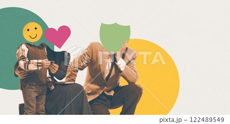 Conceptual art design. Family scene with child having smiling face, mother with heart, and father with shield-shaped head symbolizing protection and emotional connection Conceptual art design. Family scene with child having smiling face, mother with heart, and father with shield-shaped head symbolizing protection and emotional connection 122489549