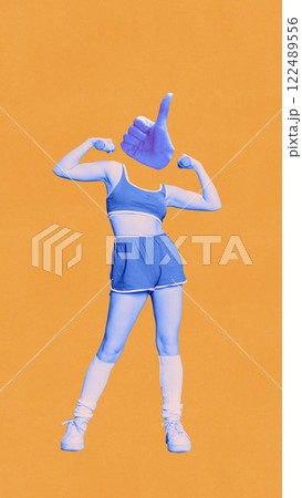 Conceptual art design. Athletic woman in workout outfit flexing arms with head replaced by thumbs-up hand symbolizing confidence and strength. Conceptual art design. Athletic woman in workout outfit flexing arms with head replaced by thumbs-up hand symbolizing confidence and strength. 122489556