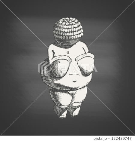 Venus of Willendorf hand drawn black and white sketch on blackboard. Paleolithic figurine of fertility, femininity and ancient art. Vector illustration of prehistoric sculpture and primitive art. Venus of Willendorf hand drawn black and white sketch on blackboard. Paleolithic figurine of fertility, femininity and ancient art. Vector illustration of prehistoric sculpture and primitive art. 122489747