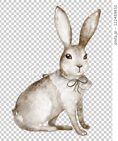 Bunny cute Watercolor illustration. Hand drawn artwork of a cute rabbit. Drawing of rabbit for childish greeting cards or baby shower invitations. Sketch hare on isolated background. 122489832