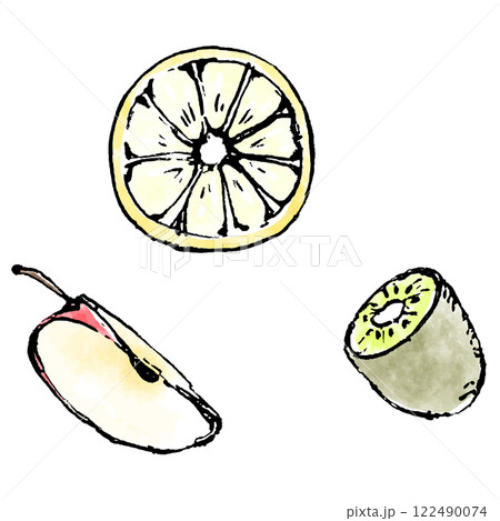 果物の断面のイラスト　レモン　リンゴ　キウイ 122490074