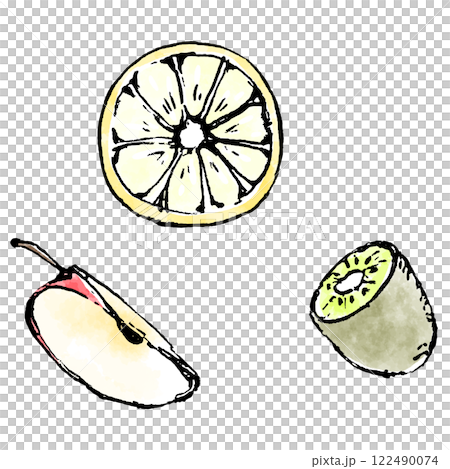 果物の断面のイラスト　レモン　リンゴ　キウイ 122490074