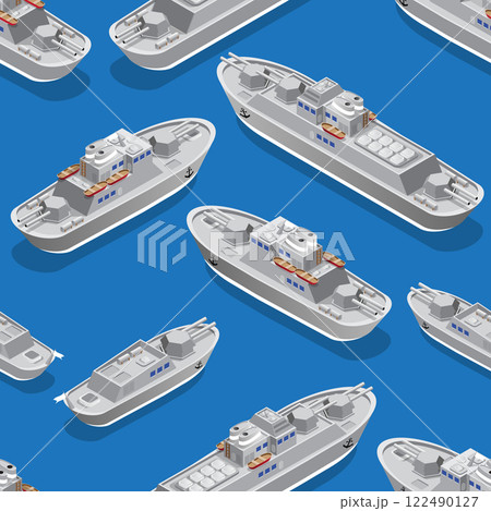 Seamless pattern. Isometric warships. Vector illustration. Seamless pattern. Isometric warships. Vector illustration. 122490127
