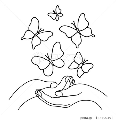 Outline Hands releasing butterflies. Butterfly symbol freedom, transformation and nature. Line drawing, coloring book. Vector illustration perfect for zero discrimination day, celebrate, card, etc Outline Hands releasing butterflies. Butterfly symbol freedom, transformation and nature. Line drawing, coloring book. Vector illustration perfect for zero discrimination day, celebrate, card, etc 122490391