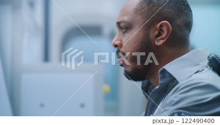 Airport Security Checkpoint: Close Up Security Officer Monitors Passenger Screening Airport Security Checkpoint: Close Up Security Officer Monitors Passenger Screening 122490400
