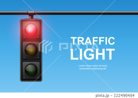 Vector Realistic Traffic Light with Red Light On. Pedestrian Signal in Focus. Traffic Light Illustration Against a Clear Blue Sky Background Vector Realistic Traffic Light with Red Light On. Pedestrian Signal in Focus. Traffic Light Illustration Against a Clear Blue Sky Background 122490484