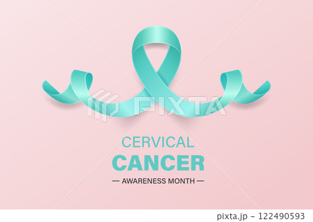 Minimalist Poster Banner with a Realistic Teal Ribbon Loop, Symbol of January Cervical Cancer Awareness Month. Women s Health, Cancer Awareness, Empowerment, Support Campaign. Vector Illustration 122490593