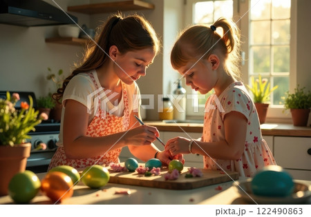 Sisters Joyfully Decorating Colorful Easter Eggs in a Bright Kitchen Filled with Smiles 122490863