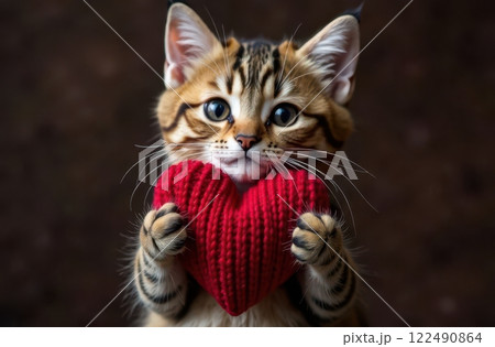 A Cute and Adorable Cat Holding a HeartShaped Toy in Its Paws, Spreading Joy and Love 122490864