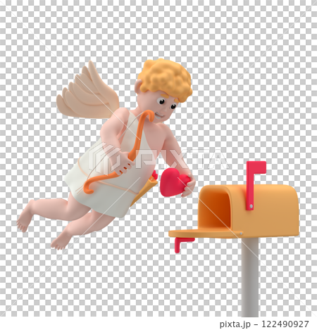 Flying cupid character holding a bow in one hand and red heart in another delivering this heart in mailbox, 3d illustration 122490927