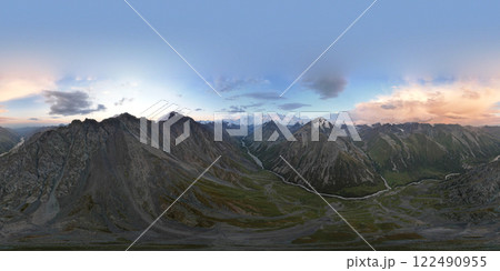 360 panorama of a mountainous area from a height. 360 panorama of a mountainous area from a height. 122490955