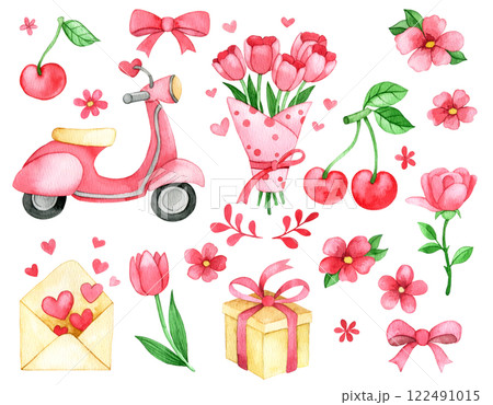 cute set of watercolor illustrations for valentine's day. clipart for greeting cards and decorations 122491015