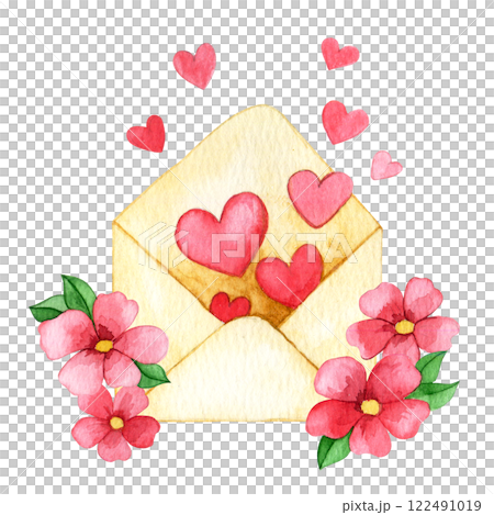 Valentine's day decoration, envelope with flowers and hearts, watercolor illustration Valentine's day decoration, envelope with flowers and hearts, watercolor illustration 122491019
