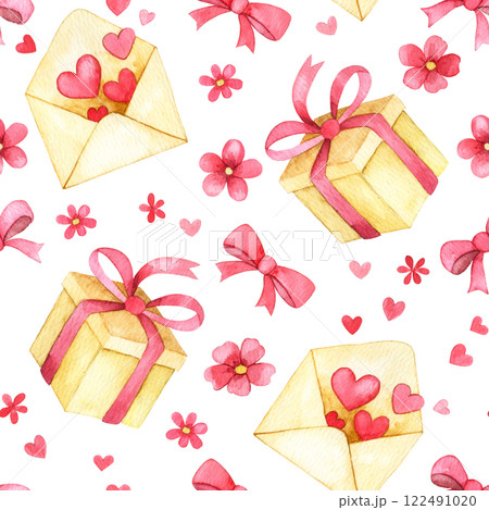 cute seamless pattern for valentine's day. watercolor print with flowers and gifts. 122491020