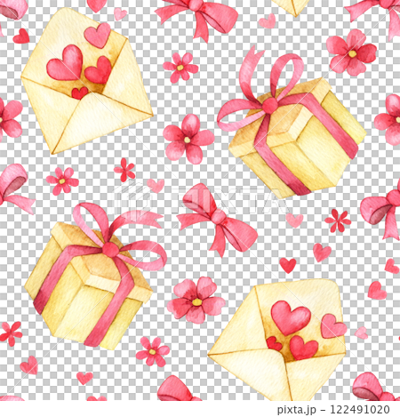 cute seamless pattern for valentine's day. watercolor print with flowers and gifts. 122491020