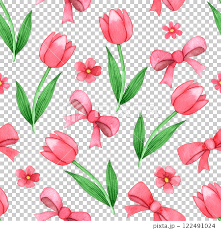 cute seamless pattern with pink bows and flowers. watercolor print for valentine's day, mother's day. cute seamless pattern with pink bows and flowers. watercolor print for valentine's day, mother's day. 122491024