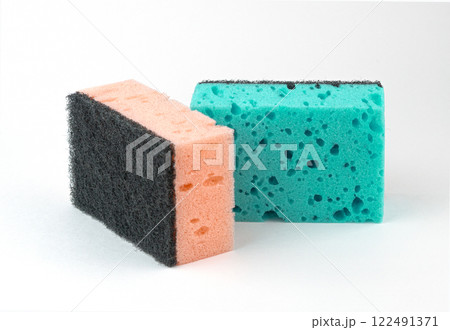 Two cleaning sponges, showcasing different textures and uses Two cleaning sponges, showcasing different textures and uses 122491371
