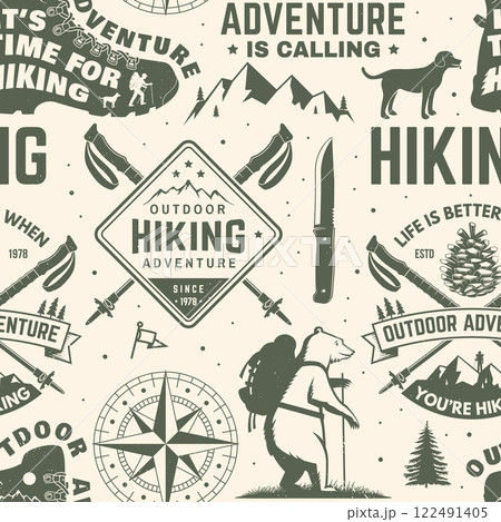Hiking outdoor adventure seamless pattern with emblems, logos. Background, wallpaper, seamless pattern with human skull skeleton in hat, hiking boot, pine cone, hiker bear with backpack, mountains. Hiking outdoor adventure seamless pattern with emblems, logos. Background, wallpaper, seamless pattern with human skull skeleton in hat, hiking boot, pine cone, hiker bear with backpack, mountains. 122491405