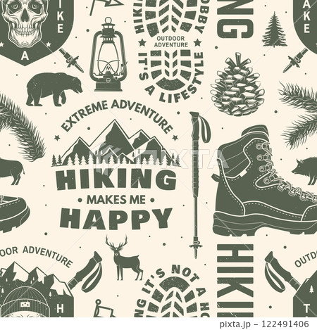 Hiking outdoor adventure seamless pattern with emblems, logos. Background, wallpaper, seamless pattern with human skull skeleton in hat, hiking boot, pine cone, hiker bear with backpack, mountains. 122491406