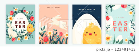 Happy easter vector background set. Spring greeting cards with easter bunny, eggs, chicken, flowers in modern cartoon style. Cute poster templates for packaging, decoration, social media post Happy easter vector background set. Spring greeting cards with easter bunny, eggs, chicken, flowers in modern cartoon style. Cute poster templates for packaging, decoration, social media post 122491415
