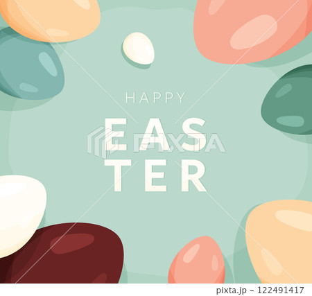 Happy Easter vector card background. Greeting pattern with color easter eggs in modern cartoon style. Typography text design. Cute creative holiday concept 122491417