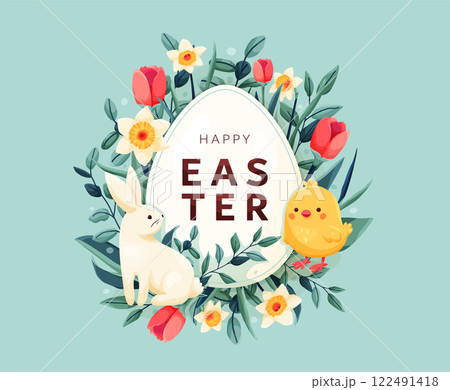 Happy Easter vector background. Greeting card with spring flowers, easter egg, bunny, chicken in modern cartoon style. Cute creative holiday concept for pattern, poster, banner design 122491418