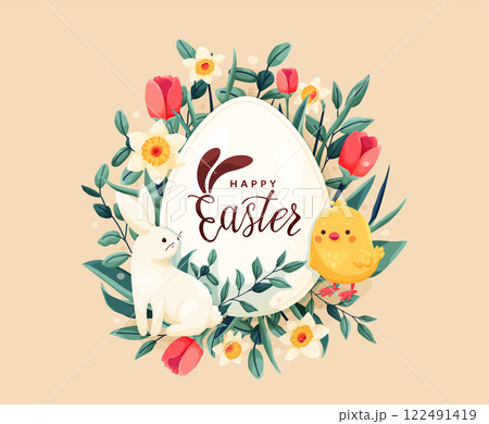 Happy Easter vector background. Greeting card with spring flowers, easter egg, bunny, chicken in modern cartoon style. Lettering text sign with bunny ears. Cute creative holiday concept 122491419