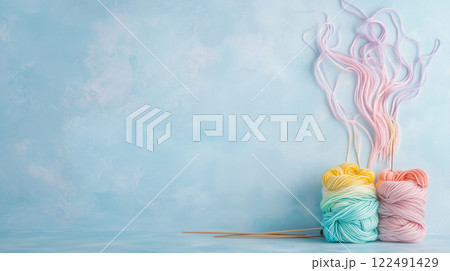 Colorful knitting banner with yarn rolls and knitting needles against blue background with ample copy space Colorful knitting banner with yarn rolls and knitting needles against blue background with ample copy space 122491429
