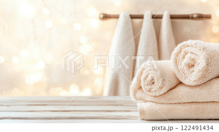 Luxurious bathroom decor with rolled beige towels on wooden surface Luxurious bathroom decor with rolled beige towels on wooden surface 122491434