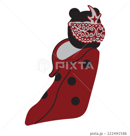 Ladybug in the form of an old graceful lady in a mask. A secret stranger in a ladybug costume runs away from a party. Vector illustration isolated on white background. 122491586