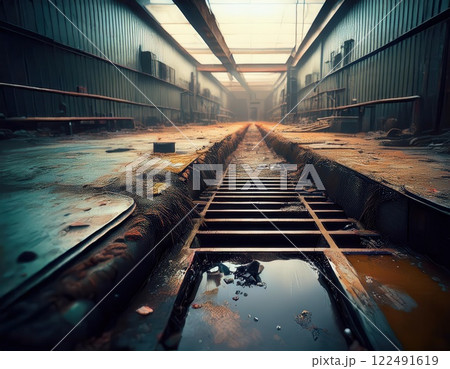 Abandoned warehouse interior with rusted metal and puddles on the ground during early morning fog. Generative AI 122491619