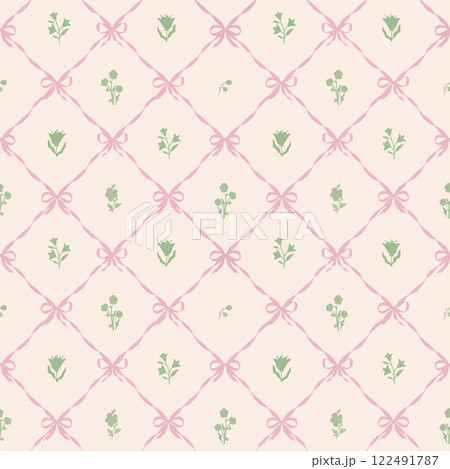Beautiful vector coquette seamless pattern with damask print bows and classical vintage bouquet. Floral elegance print design for fabric, wallpaper or wrapping paper. 122491787