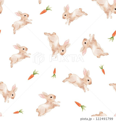 Baby rabbit pattern in beige adorned with carrots and ribbon bows. This cute spring and Easter bunny surface design features adorable watercolor hand-drawn rabbits. 122491799