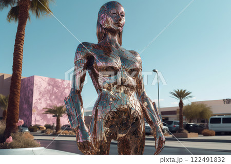 Crome robot woman portrait in the city. Artificial intelligence rise and shiny. Mechanical beauty. Generated AI. 122491832