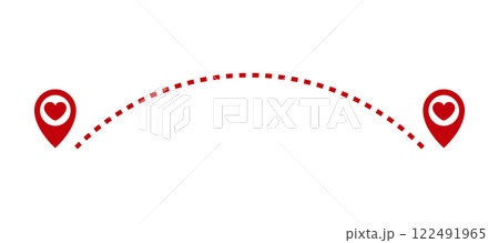 Two red markers with hearts inside, connected by a dashed line. The line curves, connecting the path between the two points. Design for Valentine's Day. 14 February. Two red markers with hearts inside, connected by a dashed line. The line curves, connecting the path between the two points. Design for Valentine's Day. 14 February. 122491965