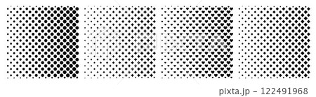 Collection of square black halftones. Halftone gradient texture of dots, hearts and rhombuses. Gradient repeating dots. Set of square halftone dot backgrounds. 122491968