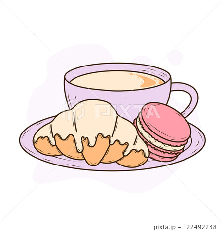 Lavender cup of coffee or tea, macaroon, croissant topped with cream glaze, placed on a small plate. Vector simple and elegant illustration in cartoon style on a soft purple background. Cozy and warm 122492238