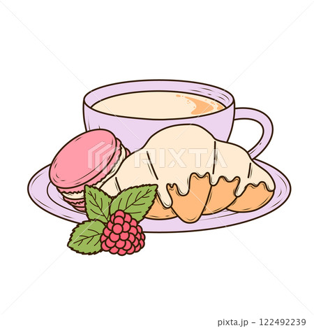 Lavender cup of coffee or tea, raspberry, macaroon, croissant topped with cream glaze, placed on a small plate. Vector simple and elegant illustration in cartoon style on a soft purple background 122492239
