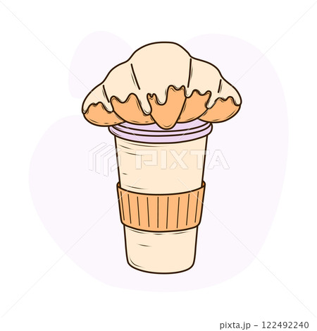 Disposable paper coffee cup in light cream color with lavender lid and orange sleeve for heat protection. And a croissant with creamy glaze on top of a coffee cup. Vector illustration in a simple 122492240
