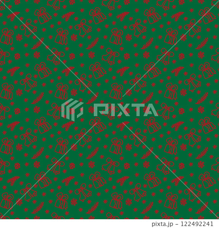 Christmas pattern in doodle style. Red line on green background. Vector illustration. 122492241