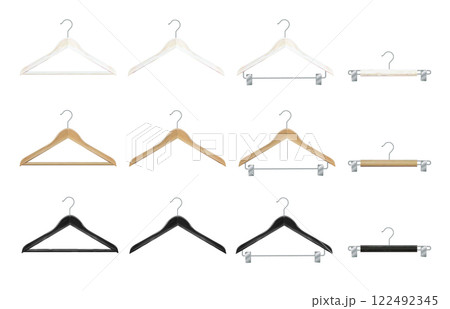 Clothes hanger isolated on white background. Wooden hanger Realistic vector clothes hanger wooden hanger closeup isolated on background. Design template, clipart or layout for graphics. Vector 122492345