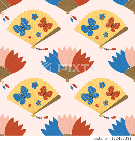 Seamless pattern with hand fans with feathers and butterflies on white background. Asian traditional folding souvenir. Cooling accessory. Vector flat illustration for wallpaper, textile, packaging Seamless pattern with hand fans with feathers and butterflies on white background. Asian traditional folding souvenir. Cooling accessory. Vector flat illustration for wallpaper, textile, packaging 122492351