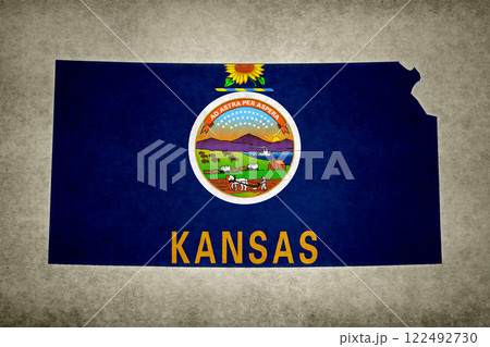 Map of Kansas with its flag on a paper Map of Kansas with its flag on a paper 122492730