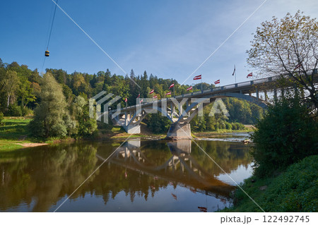 Bridge and Cable Car over Gauja River in Sigulda 122492745