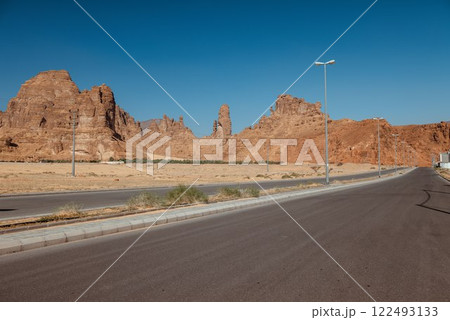 Scenic Road Through AlUlas Majestic Rock Formations Saudi Arabia 122493133