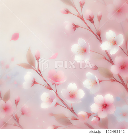 幻想的に舞う桜の花が彩る春の和風背景イラスト   122493142