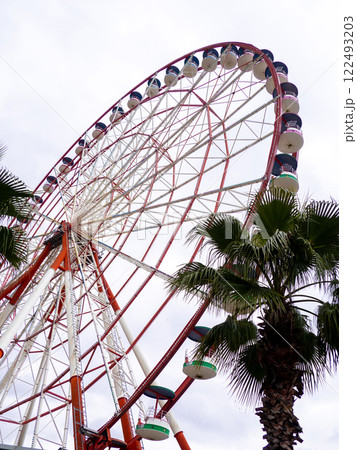 Ferris wheel on a cloudy day. Cloudy sky. Ferris wheel in an amusement park. Winter in the Black Sea resort. 122493203